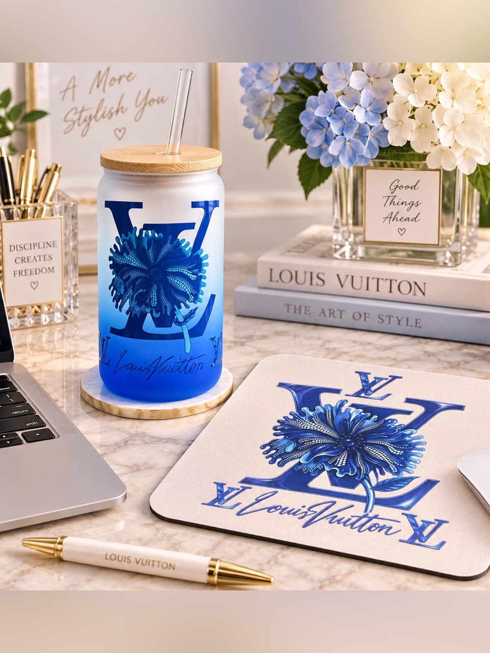 Blue Floral Logo Tumbler and Matching Mousepad Set